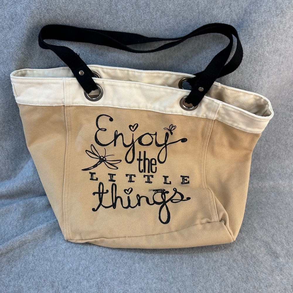 Retired Thirty-One Canvas Tote Bag Enjoy the Little Things Women Tan Dragonfly